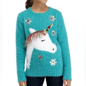 Joyland Girls Size L 14-16 Teal Fuzzy Unicorn Christmas Sweater Sequin